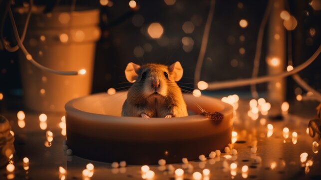 A mouse is sitting in a bowl with lights in the background. Generative AI image.