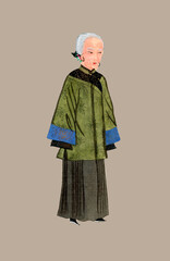 Chinese lady in green gown costume. Old lady dressed in traditional chinese costume, isolated on gray background.