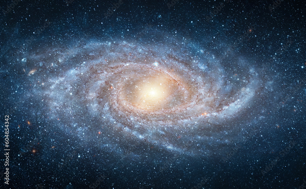 Wall mural view from space to a spiral galaxy and stars. universe filled with stars, nebula and galaxy,. elemen