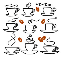 Obraz premium set of different cups of coffee, aroma of coffee, drink, steam 