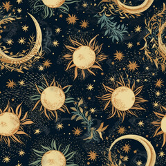 celestial, gothic, damask, stars, moons, suns, repeating pattern