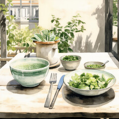 Family lunch around wooden table in green patio Focus on handmade porcelain green plates emerald green bowls and salad bowl in dark shinny emerald green There is a salad
