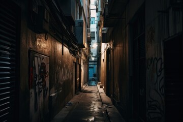 Naklejka na ściany i meble A narrow alley with graffiti on the walls. Generative AI image.