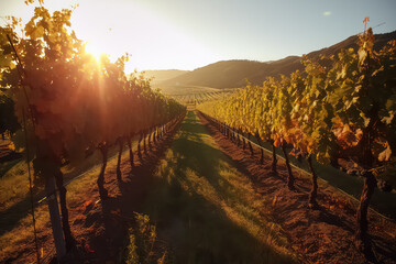 Vineyards at sunset in autumn harvest, AI