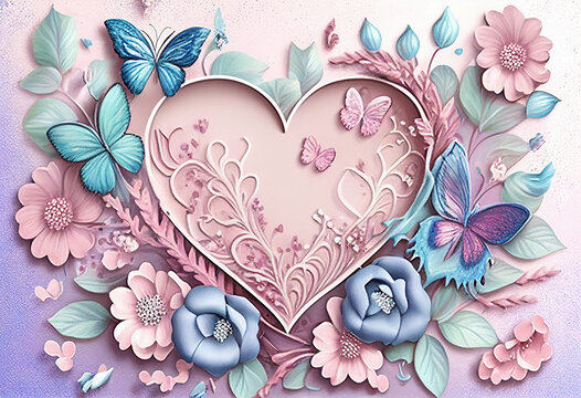 Painted spring background in pastel blue-pink flowers with butterflies and hearts. AI Generated