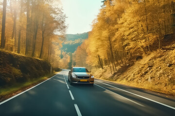 the car drives along a beautiful autumn road, AI