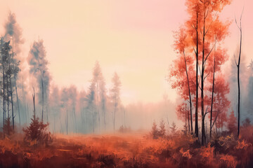 Fototapeta na wymiar autumn forest near the river, orange and red leaves, AI