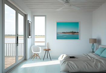 Bright bedroom with a river view - IA generative