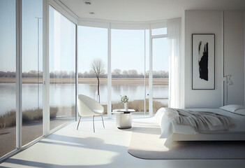 Bright bedroom with a river view - IA generative