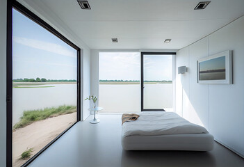 Bright bedroom with a river view - IA generative