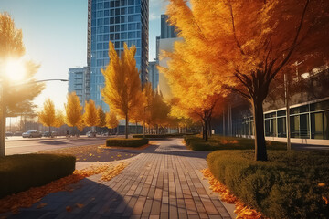Amazing landscape of the autumn city with people walking on it. AI - obrazy, fototapety, plakaty