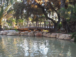 Fototapeta na wymiar Lago artificial en parque con puente de madera