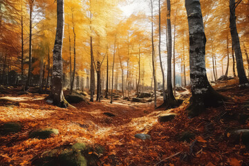 Autumn leaves of a forest road fall on an autumn background in september, AI