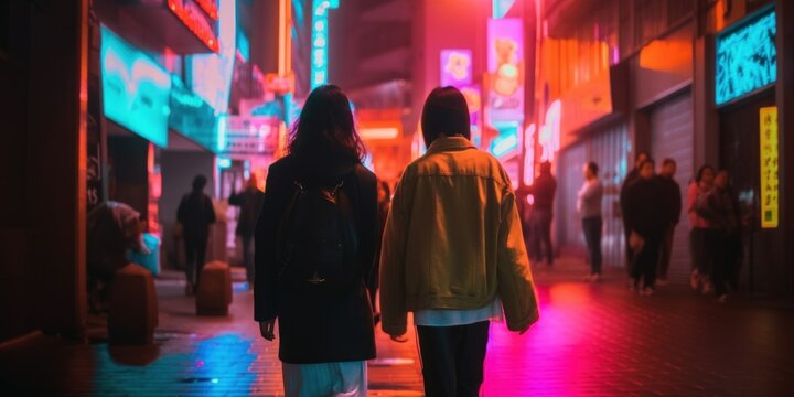 Two People Walking Down A City Street At Night. Generative AI Image.