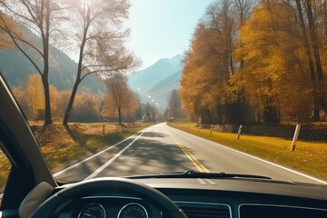 the car is driving along a beautiful autumn road, the view from behind the car. AI
