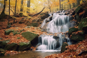 View of the waterfall in the forest, which contains all the colors of autumn. AI