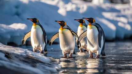 Fototapeta premium Three penguins walking on a rock
