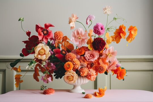asymmetrical vase arrangement with bold and unconventional blooms, created with generative ai