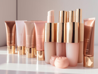 Tube of BB or CC cream on wooden snag on pastel gray background. Presentation stage for cosmetic product advertising. Eco-bio cosmetics concept. Generative AI