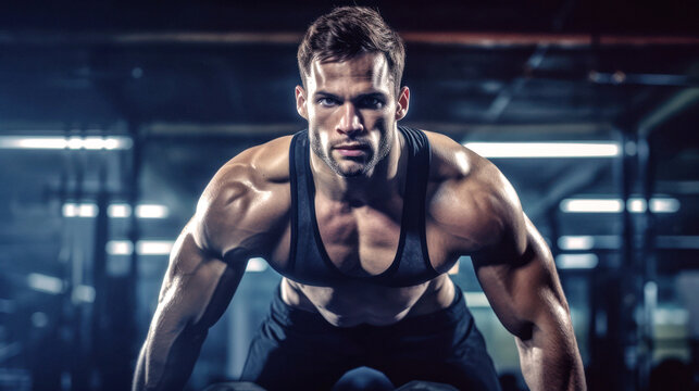 In the high-tech gym, a determined athlete pushes through an intense training, his muscles rippling with effort, reflecting his unyielding spirit. Generative AI