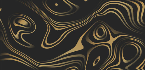 Gold liquid marbling texture design. Elegant abstract line art on black background. Luxury hand drawn golden wavy lines and swirls. Shine stripe pattern. Vector illustration