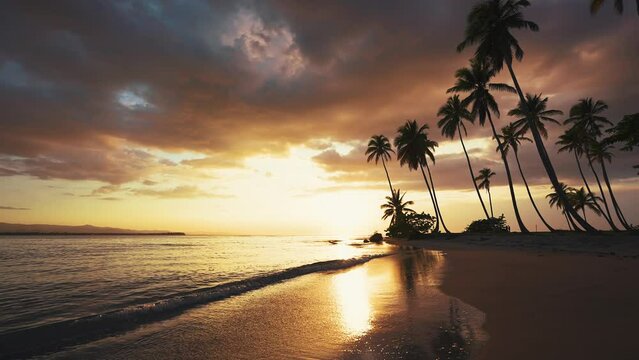 Incredible summer view of the palm evening beach. Majestic sunset on a tropical paradise island. Beautiful evening seascape of the Caribbean. Fantastic outdoor scene of exotic islands.