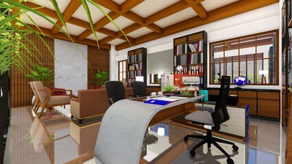 CEO office Interior Design, Brown color with bookshelves, modern style