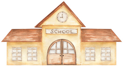 watercolor school house clip art, architecture illustration. School building clipart. - 604856736