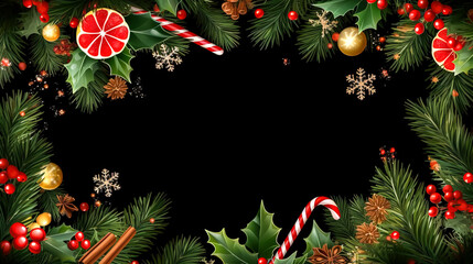 Christmas background with Christmas tree, decor and candies, generative AI.