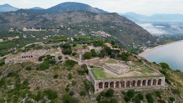 This aerial drone video shows the tempio di giove anxur in Terracina, Italy. The old temple is located on the mountain and has a beautiful view over the sea. 