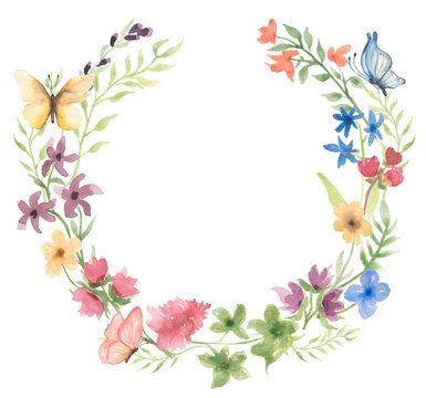 Watercolor wildflowers and butterfly wreath illustration, meadow flowers frame clipart