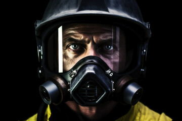 Fototapeta premium Brave firefighter in gear, an oxygen mask adorns his face. His pose is firm, embodying the courage needed in his field. Generative AI