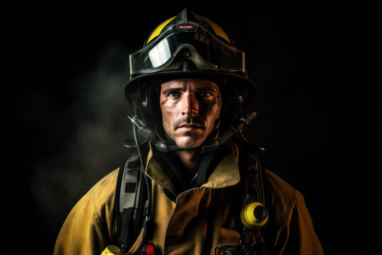 Brave firefighter in gear, an oxygen mask adorns his face. His pose is firm, embodying the courage needed in his field. Generative AI