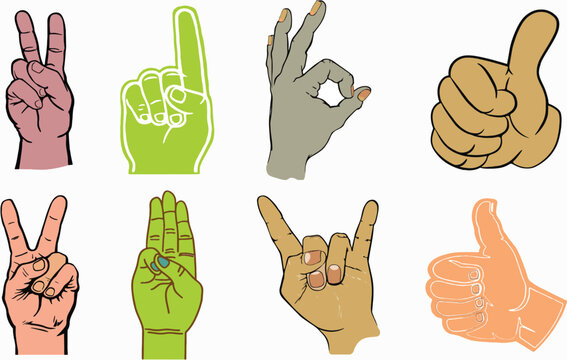 Set and collection of Hand gestures. Editable Vector set of gestures excellent, pointing, good luck, victory and ok, hold and press, language counting or gesturing. Easy to reuse, eps 10.