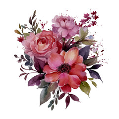 Watercolor Bouquet of Flowers Clipart - Pink, Blue, Orange, and Red Tones with Transparent Background Vibrant Colorful Spring Summer AI generated
