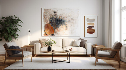 Stylish Living Room Interior with an Abstract Frame Poster, Modern interior design, 3D render, 3D...