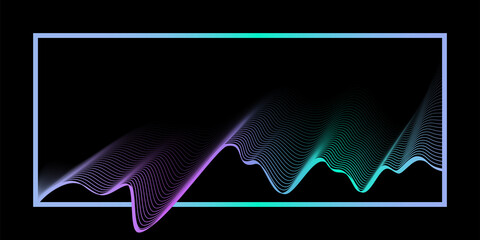 Black abstract background with luminous wave in frame. Modern purple-blue-green gradient flowing wave-like lines. Futuristic technology concept. Copy space