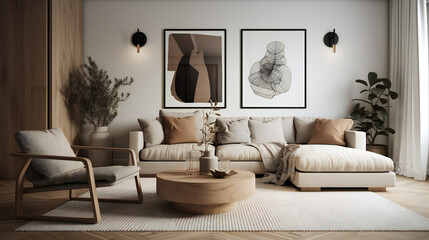 Stylish Living Room Interior with an Abstract Frame Poster, Modern interior design, 3D render, 3D illustration