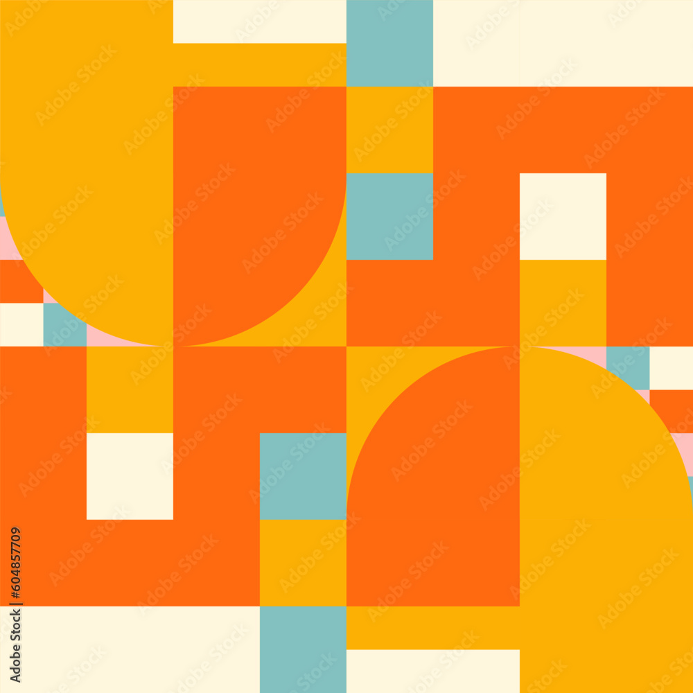 Poster Simple geometric seamless pattern. Modern abstract background with circle, semi circle, square, rectangle stripe shapes in pastel colors.