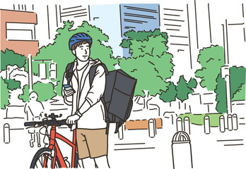 スマホを持つ自転車でデリバリーする男性
