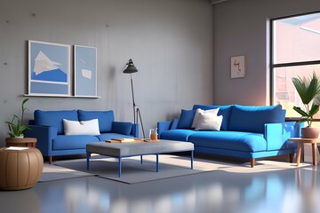 Blue and white loft living room interior with a concrete floor, a blue sofa and a coffee table. 3D rendering - generative ai
