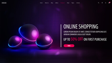 Online shopping, discount banner with offer and 3d balls with neon ring on dark background