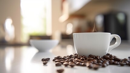 A white cup of coffee sits on a counter with coffee beans scattered around it.,  generative ai 