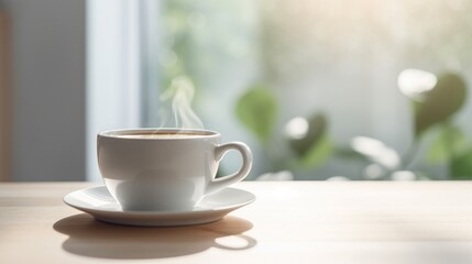 A cup of coffee sits on a table next to a window with a green plant in the background.,  generative...