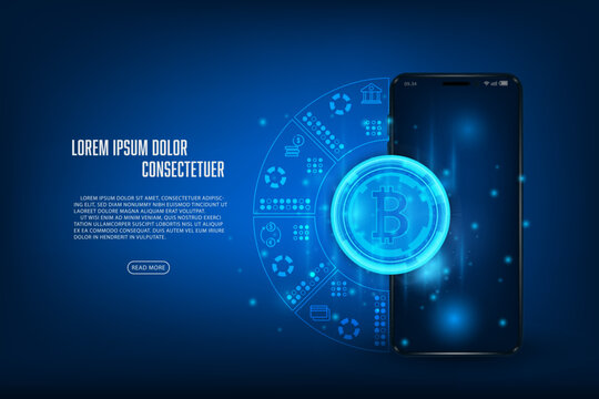 Vector abstract technology crypto currency concept. Bitcoin wallet application on mobile phone.