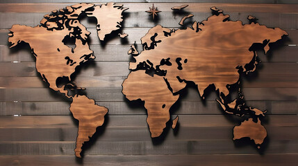 World map wooden background. Generative AI.