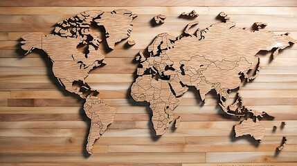 World map wooden background. Generative AI.