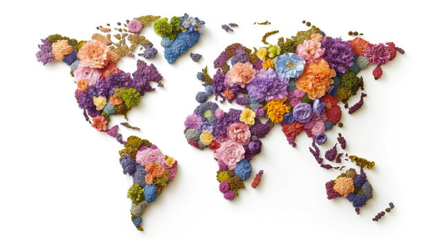 World map in flowers background. Generative AI.