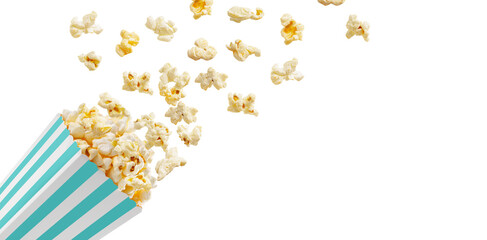 Popcorn flying out of turquoise white striped paper box isolated on white, transparent background,...