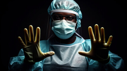 Dressed in safety gear, a healthcare worker bravely halts entry, asserting the quarantine boundary with a resolute 'stop' hand gesture in  quarantine zone. Generative AI